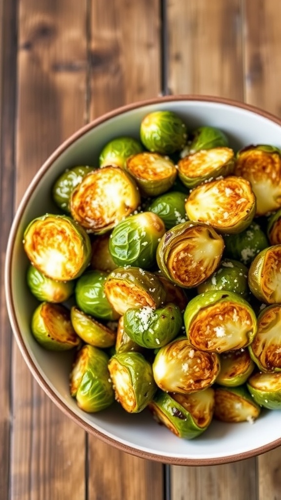 Crispy Air Fryer Brussels Sprouts from Trader Joe Crispy air-fried Brussels sprouts garnished with Parmesan cheese in a rustic bowl.